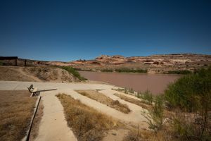 The Dewey Bridge ramp from its upstream edge, looking across the brown Colorado River. Wide concrete slabs step down toward the water with dry grass and weeds growing through the joints, a metal bench sits at the top left beside the edge of a shade shelter, and tamarisk crowds the bank in front of low red sandstone cliffs.
