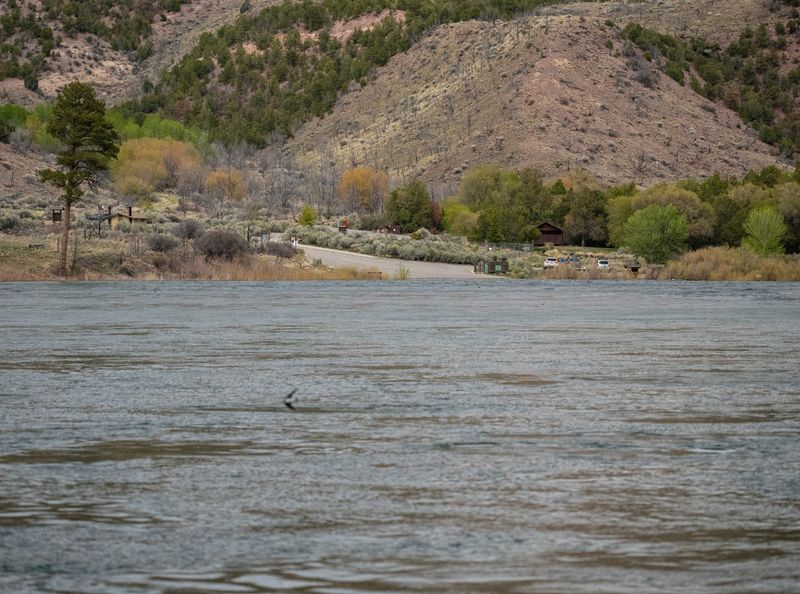 View across the rippled green Green River toward the paved Little Hole boat ramp, parked vehicles and outbuildings at the foot of a burn-scarred juniper hillside.