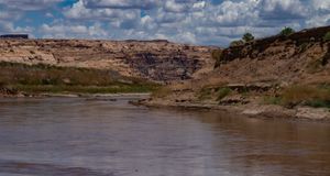 The silt-brown Colorado River filling the foreground, looking upstream into Narrow Canyon toward the steel arch of the UT-95 bridge, which spans the gap between layered sandstone walls in the distance. On the right, terraced banks of eroded sediment step down to the water with dry grass and green shrubs rooted along them; a low vegetated bar lines the left bank under building white cumulus.
