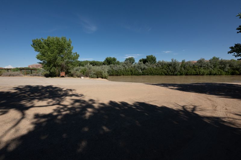 Sandy launch flat in cottonwood shade at Sand Island, the silty San Juan running past a wall of tamarisk beyond.