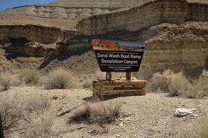 Sand Wash Boat Ramp sign marking the BLM put-in for Desolation Canyon.