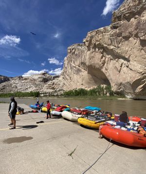 Loaded rafts, including an orange raft, a yellow raft, and a white oar boat, tied along the concrete Split Mountain boat ramp while boaters rig, with the tilted sandstone wall of Split Mountain and a bird overhead against a blue sky.
