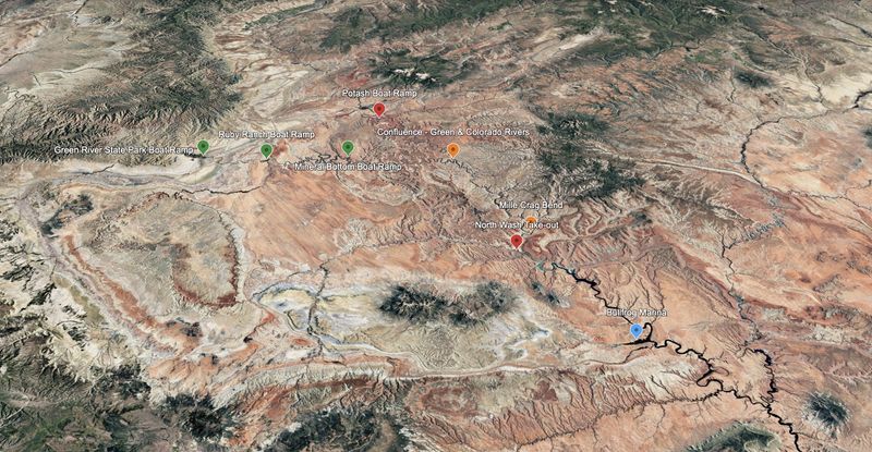 Oblique satellite view of the Canyonlands and Cataract Canyon country with labeled pins: Green River State Park, Ruby Ranch