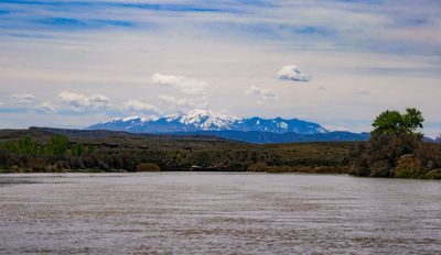 The wide, silt-brown Colorado running toward low desert benches