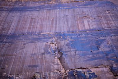 Close-up of a sheer sandstone wall streaked with vertical bands of blue-grey desert varnish over pink rock in Westwater Canyon.