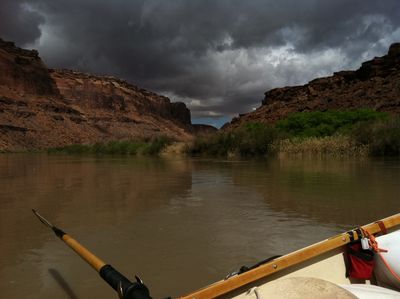 Storm clouds over the Green River in Labyrinth Canyon seen from a boat, with an oar and varnished wooden gunwale in the foreground and reeds lining the far bank.