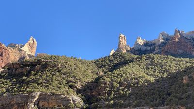 White sandstone spires and towers line the rim of Split Mountain above a juniper-covered slope, under a cloudless deep blue sky.