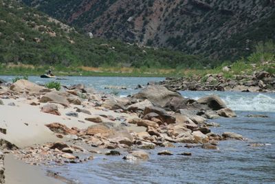 A yellow raft floats a teal-blue riffled stretch of the Green River past grassy banks, seen from a sandy, boulder-strewn bar in summer.