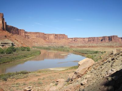 The Green River bends past exposed sandbars and green riparian banks beneath sandstone cliffs in Stillwater Canyon, with a dirt road crossing the talus slope at right under a clear blue sky.