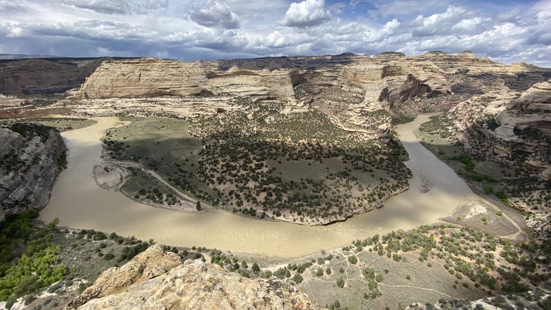 Wide view from a bench overlook across the Yampa's entrenched meander, cloud shadows moving over banded canyon walls and the tree-covered peninsula inside the bend.