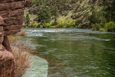 Two figures on a sandstone bench at the water's edge as the river runs cold and fast past them.