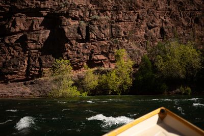 The bow of a wooden dory runs a riffle beneath a red sandstone wall fringed with bright spring growth.