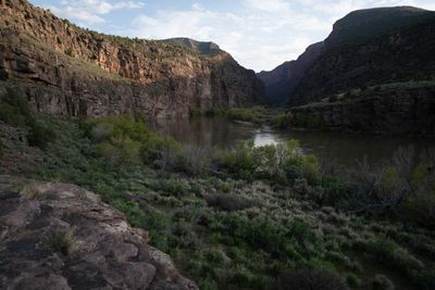 Evening view from a rock ledge over sage and willows to the river bending through the canyon.