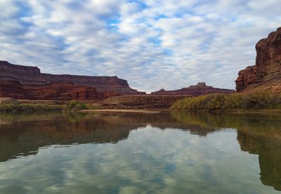 A calm bend of the Colorado River mirrors a mottled altocumulus sky, with layered red sandstone cliffs on the left, a low sandbar and brushy bank ahead, and a paddle blade intruding at the bottom corner of the frame.