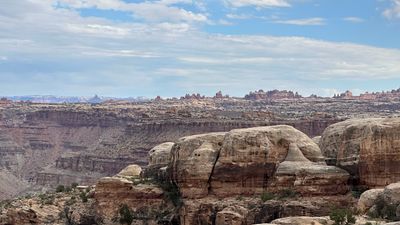 Long view across a deep layered canyon from a slickrock bench: pale rounded domes in the foreground, banded cliff terraces dropping away below, and a distant skyline of needle-like rock towers along the far rim under high thin cloud.
