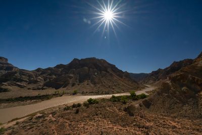 From a high slope, a starburst sun hangs over the brown river winding past green riparian trees below dark, backlit canyon slopes.