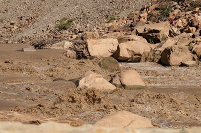 Muddy water pours over and between big sandstone boulders in a rapid, past a driftwood jam on the rocks, as three people in helmets and life jackets climb the boulder bank above.