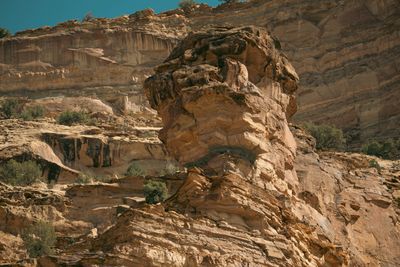 An eroded sandstone formation topped with balanced caprock.