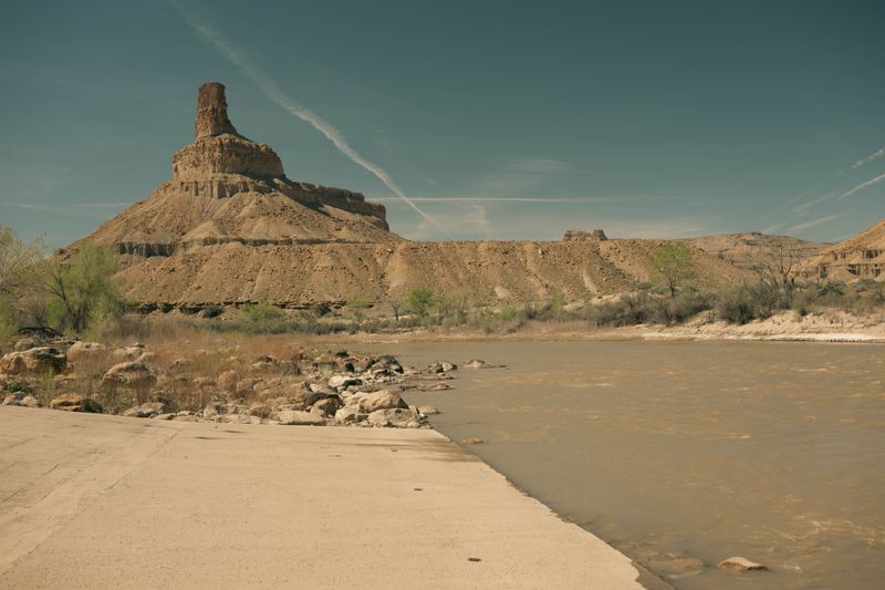 Looking upstream from Swasey's boat ramp at a butte rising above the river.