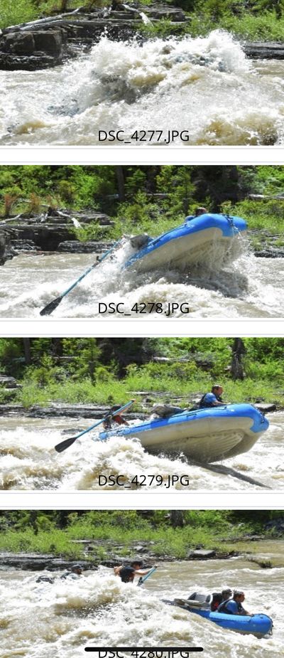 A phone screenshot of a photographer's proof contact sheet, four stacked frames labeled DSC_4277 to DSC_4280 showing a blue raft buried in an exploding whitewater hole, then standing nearly vertical on its side, then broadside with an oar swung out, then flat again with a crew member in the water beside it.