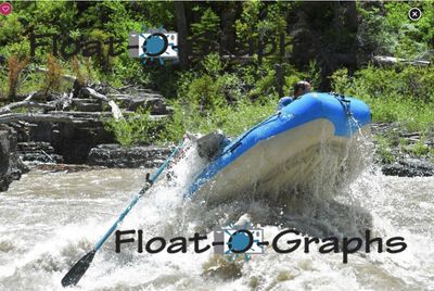 A blue raft stands nearly on end in a Snake River rapid, its pale underside turned to the camera and a blue oar shaft raking down to the left, one crew member visible over the high tube, with a bedrock shelf, deadfall and conifers along the bank.