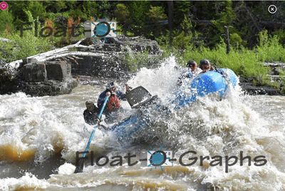 A blue raft is knocked up on edge in a Snake River rapid, a wall of spray between the rower being thrown sideways at the left and two crew clinging to the raised tube at the right, with a bedrock shelf, bleached deadfall and conifers on the bank behind.