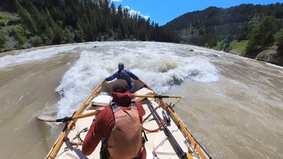 A wooden dory drops into a wide breaking hole with whitewater curling up around the bow, the boater in blue seated low ahead of the rower who is pulling on both oars, steep conifer ridges and a road grade on the right slope.