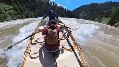 A boater in a blue jacket and cap stands upright in the bow of a wooden dory as the boat runs out through the foaming tail of a rapid, the rower seated behind with a buff over his face and both oars shipped forward, forested slopes on both banks.