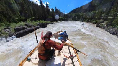 A dory rower in a rust-red shirt raises a fist while a boater in blue sits in the bow, churning brown whitewater ahead and dark rock ledges and pine forest along the left bank.